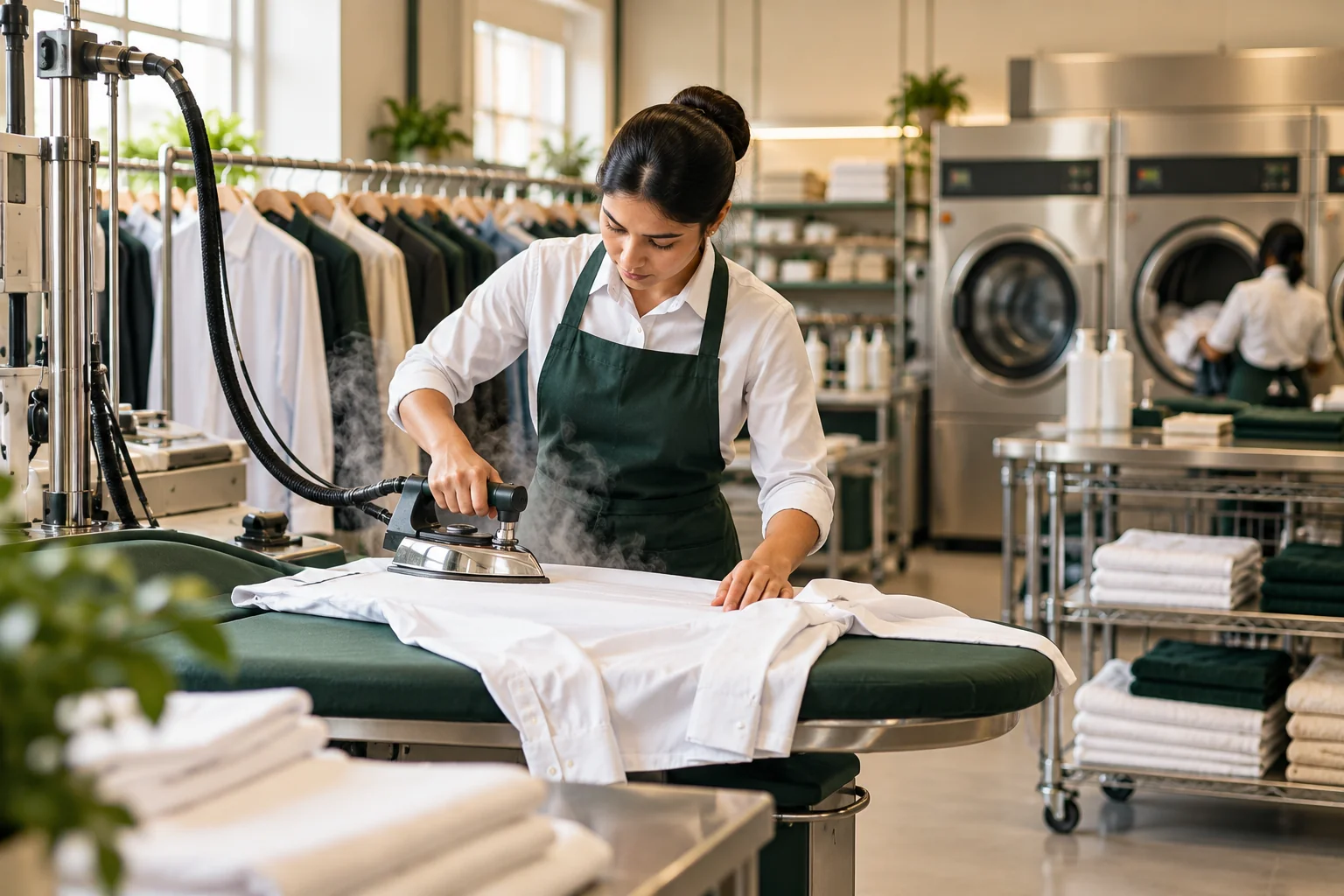 Illustration of professional steam pressing, washing machines and garment finishing in a modern laundry workshop